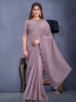 Lavender Crepe Satin Silk Saree With Stitched Blouse